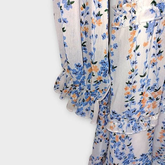 Ladies Dress Sz XL Ruffles Floral Blue Low V Open Back Coquette Cottagecore Shee - Picture 5 of 14